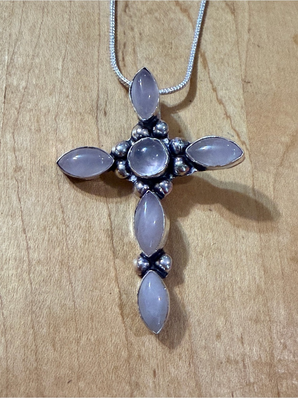 Sterling Silver Plated/Stamped Pink Quartz Cross Pendant Necklace